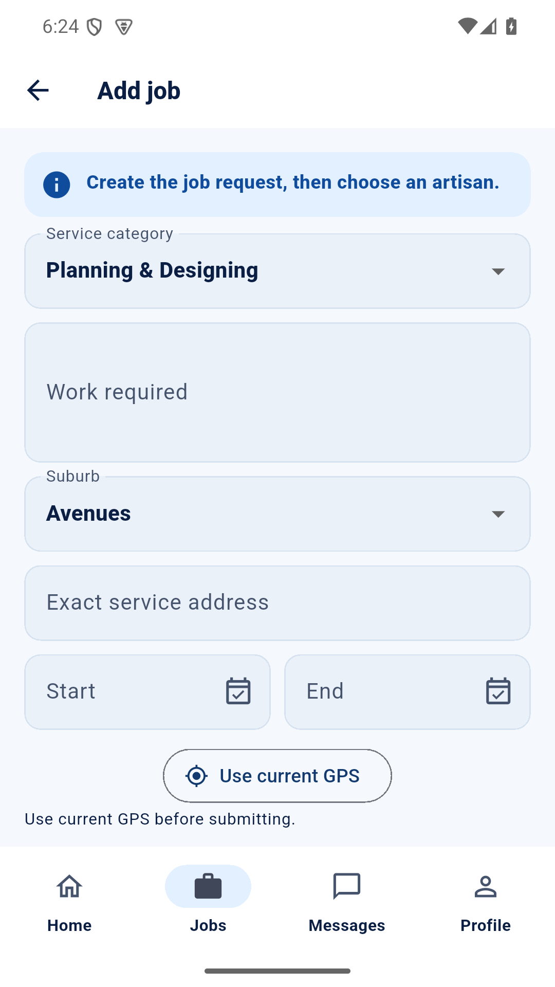 BluWorx Add job screen with fields for service category, work required, suburb, address, and dates