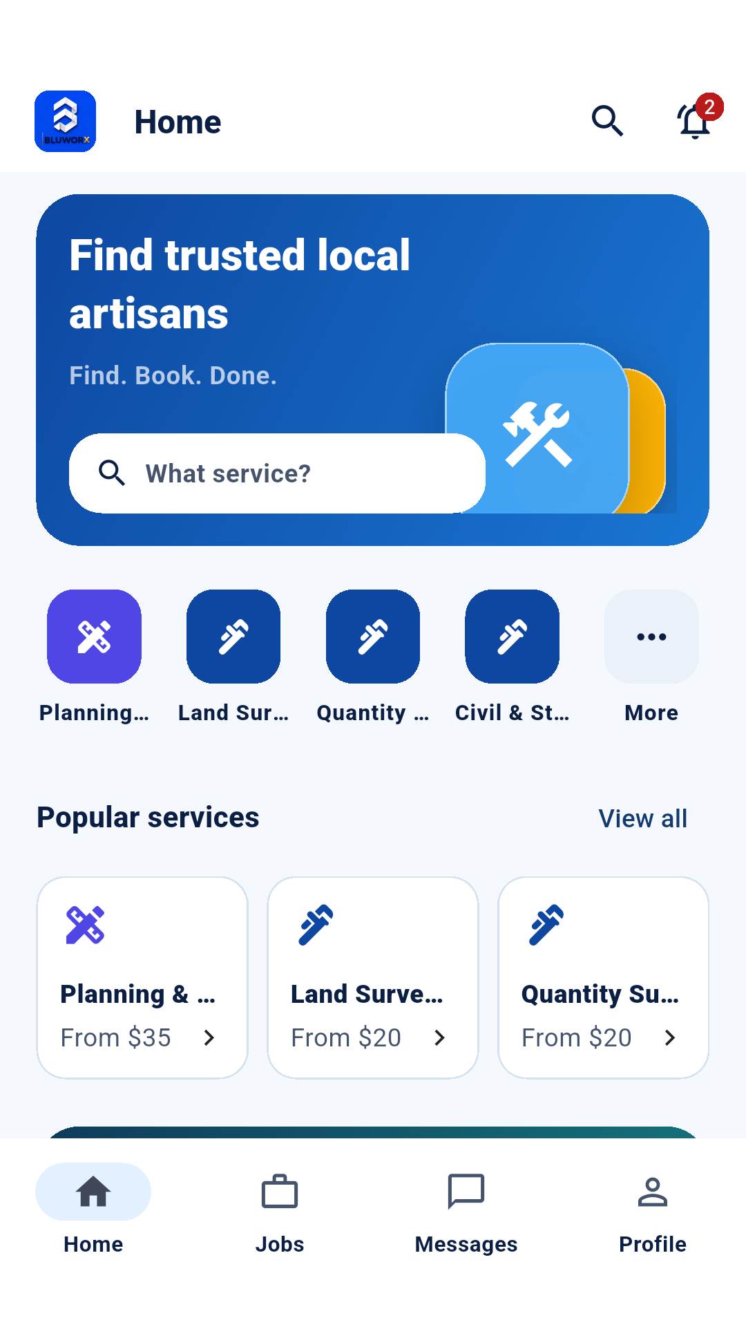 BluWorx Home screen showing service search, local service categories, and navigation to jobs and messages